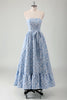 Load image into Gallery viewer, Blue Floral Strapless A Line Tea Length Prom Dress with Belt