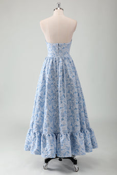 Blue Floral Strapless A Line Tea Length Prom Dress with Belt