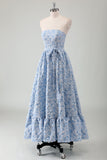 Blue Floral Strapless A Line Tea Length Prom Dress with Belt
