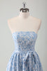 Load image into Gallery viewer, Blue Floral Strapless A Line Tea Length Prom Dress with Belt