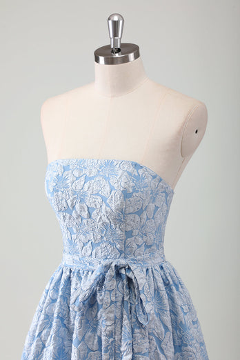 Blue Floral Strapless A Line Tea Length Prom Dress with Belt