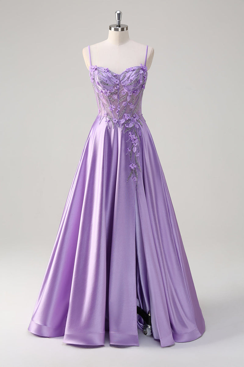 Load image into Gallery viewer, Purple A Line Spaghetti Straps Floral Long Prom Dress with Slit