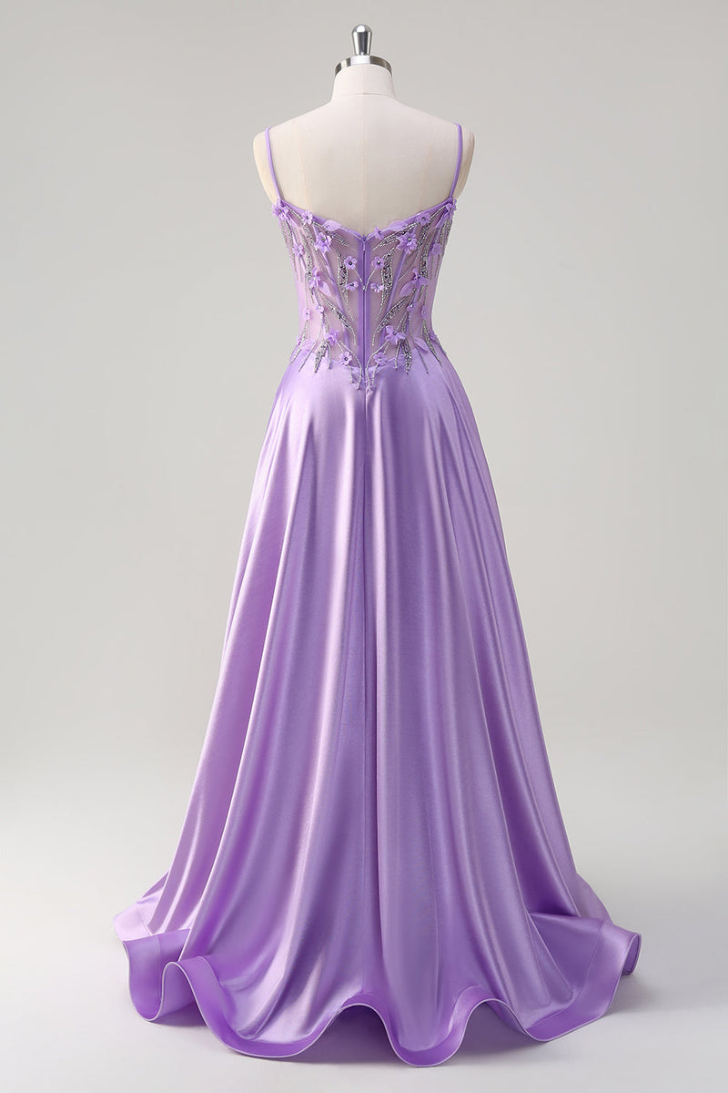 Load image into Gallery viewer, Purple A Line Spaghetti Straps Floral Long Prom Dress with Slit