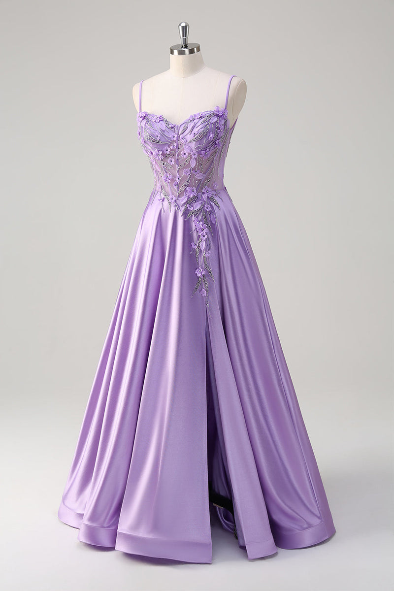 Load image into Gallery viewer, Purple A Line Spaghetti Straps Floral Long Prom Dress with Slit