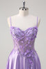 Load image into Gallery viewer, Purple A Line Spaghetti Straps Floral Long Prom Dress with Slit