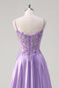 Load image into Gallery viewer, Purple A Line Spaghetti Straps Floral Long Prom Dress with Slit