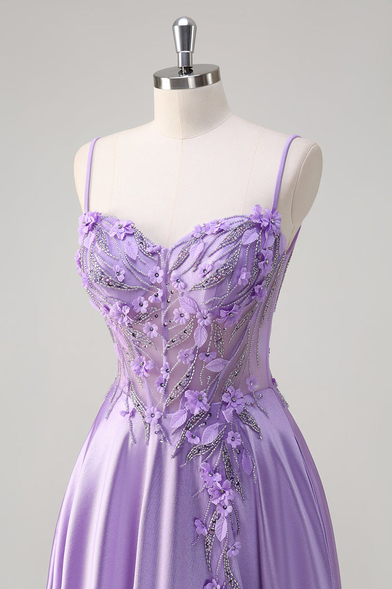 Load image into Gallery viewer, Purple A Line Spaghetti Straps Floral Long Prom Dress with Slit