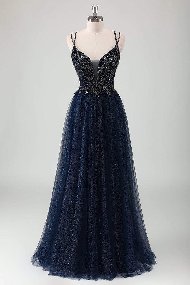 Load image into Gallery viewer, Sparkly Navy Spaghetti Straps A Line Long Prom Dress with Sequins