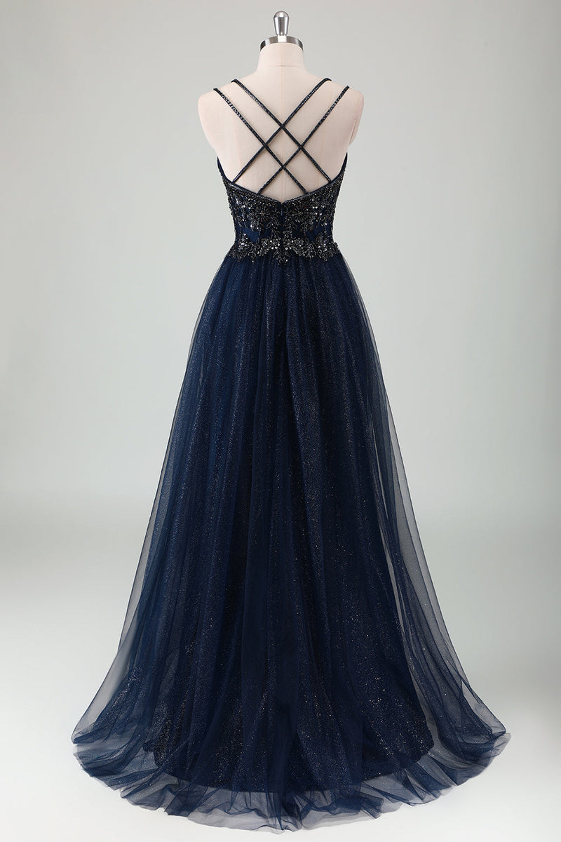 Load image into Gallery viewer, Sparkly Navy Spaghetti Straps A Line Long Prom Dress with Sequins