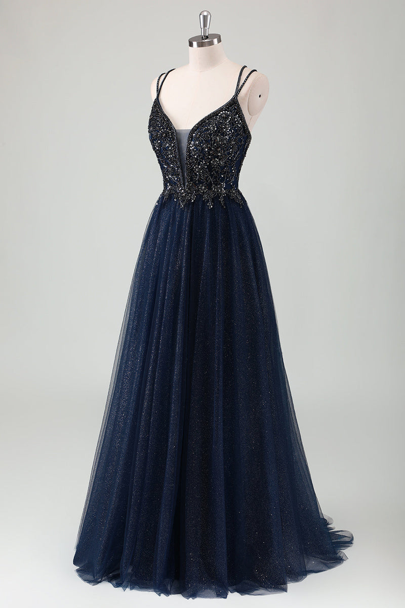 Load image into Gallery viewer, Sparkly Navy Spaghetti Straps A Line Long Prom Dress with Sequins