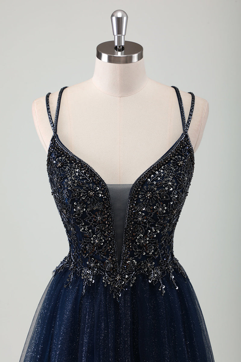 Load image into Gallery viewer, Sparkly Navy Spaghetti Straps A Line Long Prom Dress with Sequins