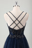 Load image into Gallery viewer, Sparkly Navy Spaghetti Straps A Line Long Prom Dress with Sequins