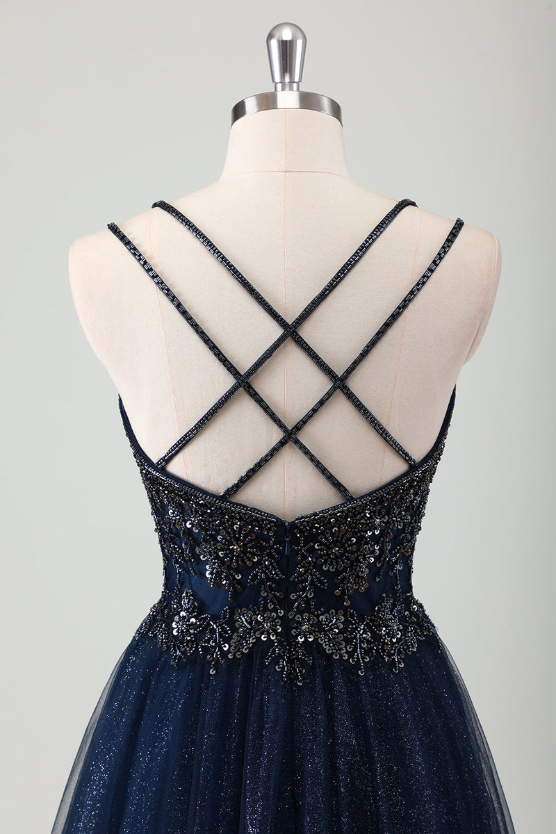 Load image into Gallery viewer, Sparkly Navy Spaghetti Straps A Line Long Prom Dress with Sequins