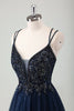 Load image into Gallery viewer, Sparkly Navy Spaghetti Straps A Line Long Prom Dress with Sequins