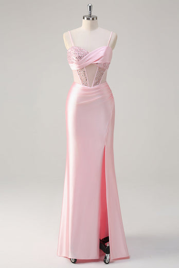 Mermaid Pink Long Sequin Prom Dress with Slit