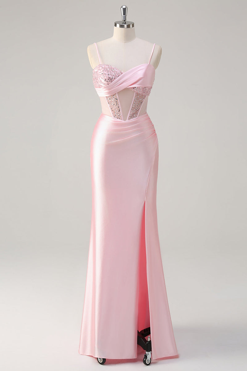 Load image into Gallery viewer, Mermaid Pink Long Sequin Prom Dress with Slit