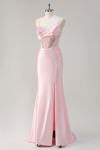 Mermaid Pink Long Sequin Prom Dress with Slit