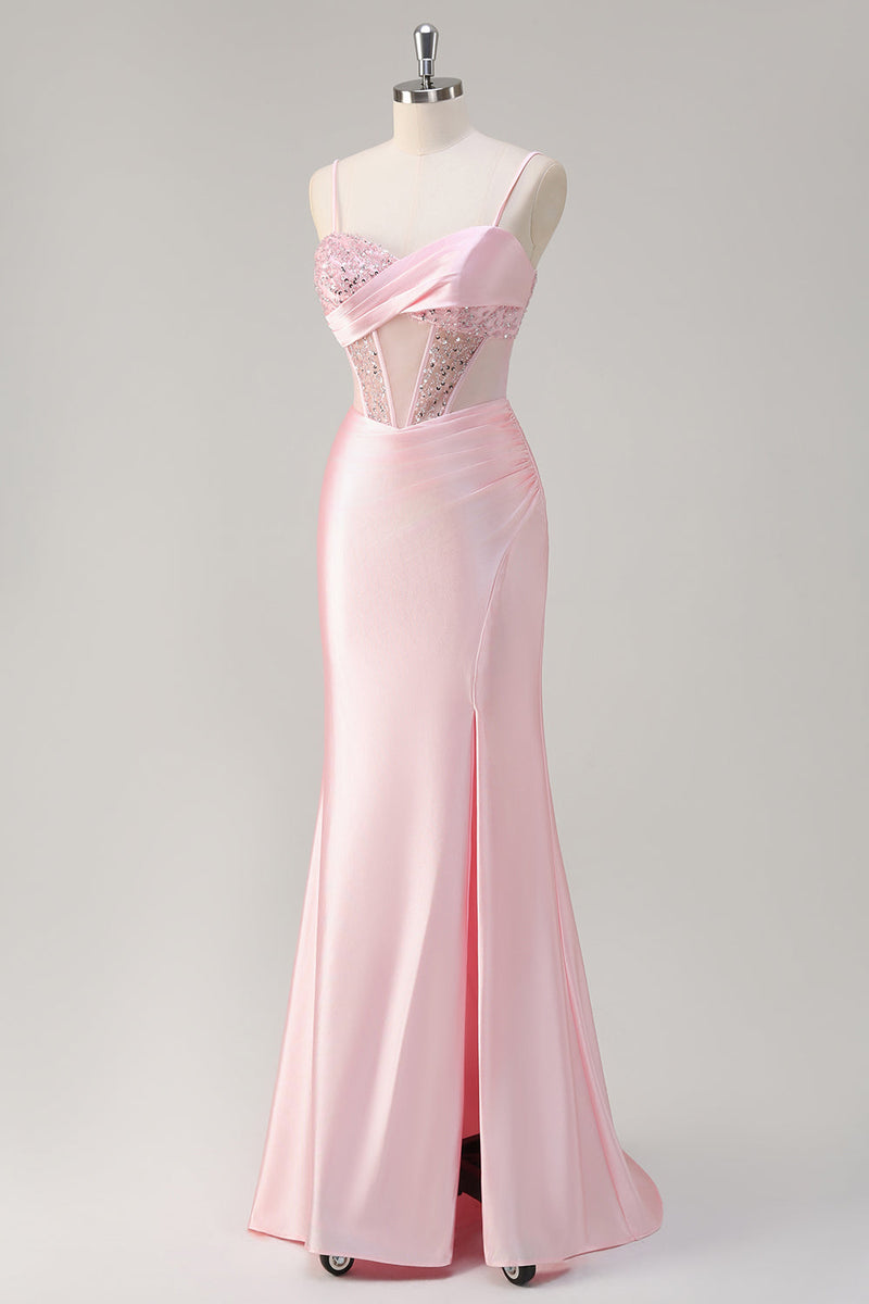 Load image into Gallery viewer, Mermaid Pink Long Sequin Prom Dress with Slit