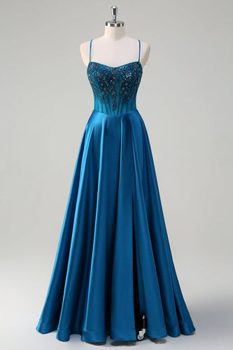 Blue Corset Pleated Spaghetti Straps Long Prom Dress With Sequins