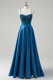 Blue Corset Pleated Spaghetti Straps Long Prom Dress With Sequins