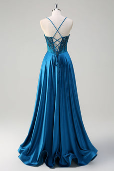 Blue Corset Pleated Spaghetti Straps Long Prom Dress With Sequins