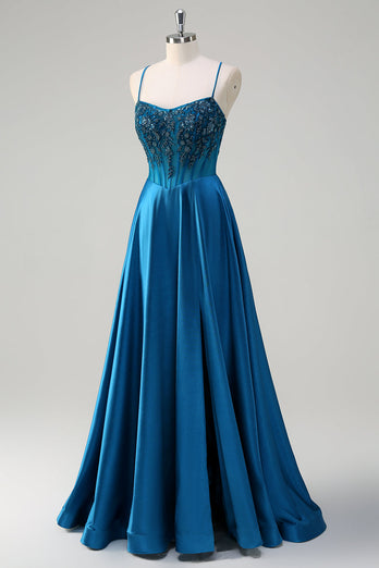 Blue Corset Pleated Spaghetti Straps Long Prom Dress With Sequins