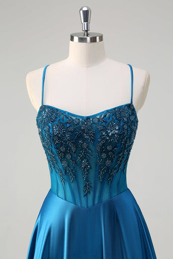 Blue Corset Pleated Spaghetti Straps Long Prom Dress With Sequins