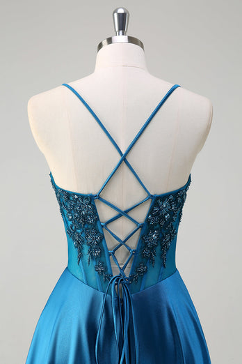 Blue Corset Pleated Spaghetti Straps Long Prom Dress With Sequins