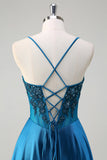 Blue Corset Pleated Spaghetti Straps Long Prom Dress With Sequins