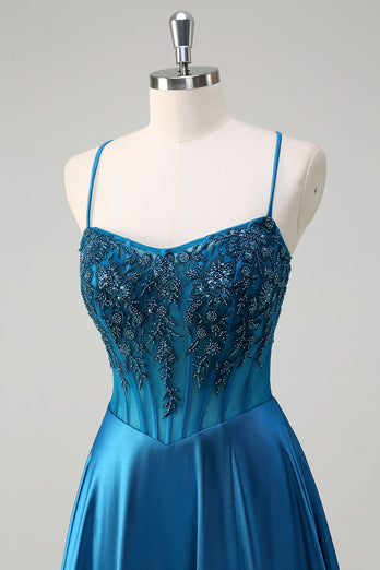 Blue Corset Pleated Spaghetti Straps Long Prom Dress With Sequins