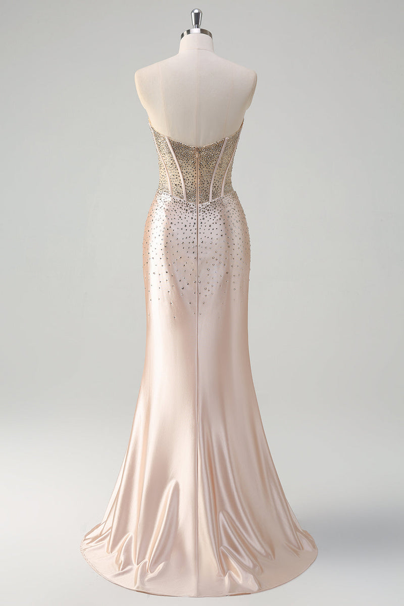 Load image into Gallery viewer, Champagne Mermaid Strapless Corset Long Prom Dress With Beading