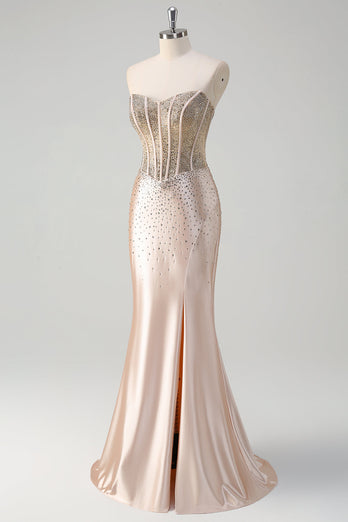 Champagne Mermaid Strapless Corset Long Prom Dress With Beading