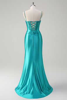 Peacock Mermaid Corset Spaghetti Straps Long Prom Dress with Slit