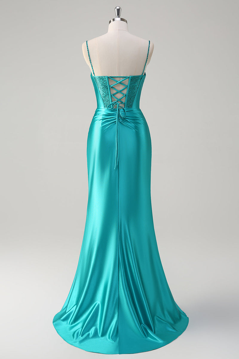 Load image into Gallery viewer, Peacock Mermaid Corset Spaghetti Straps Long Prom Dress with Slit