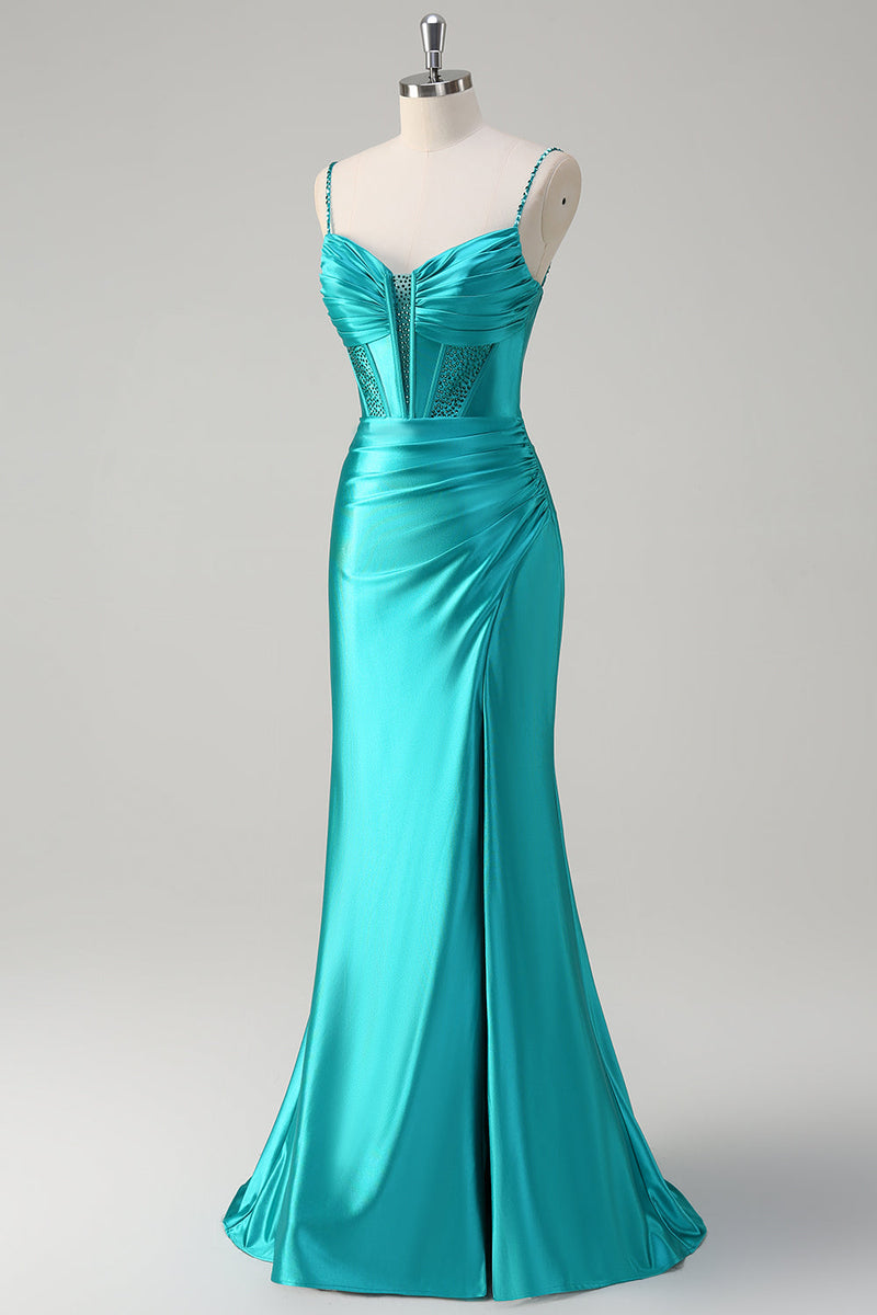 Load image into Gallery viewer, Peacock Mermaid Corset Spaghetti Straps Long Prom Dress with Slit