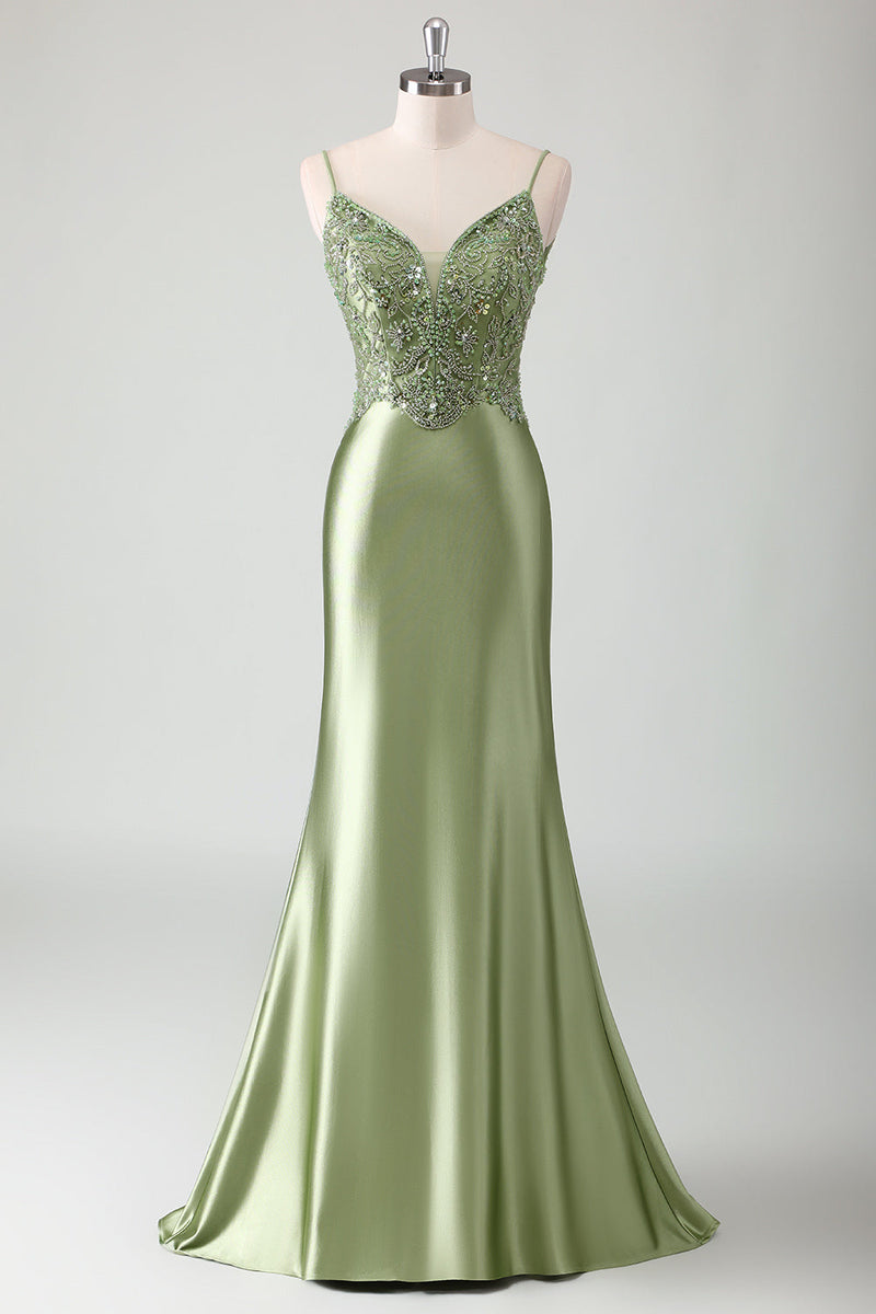 Load image into Gallery viewer, Sage Mermaid Spaghetti Straps Long Prom Dress With Sequins