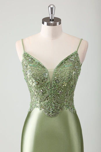 Sage Mermaid Spaghetti Straps Long Prom Dress With Sequins