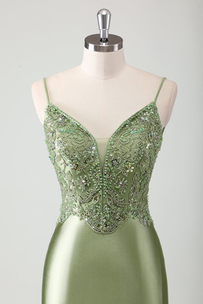 Load image into Gallery viewer, Sage Mermaid Spaghetti Straps Long Prom Dress With Sequins