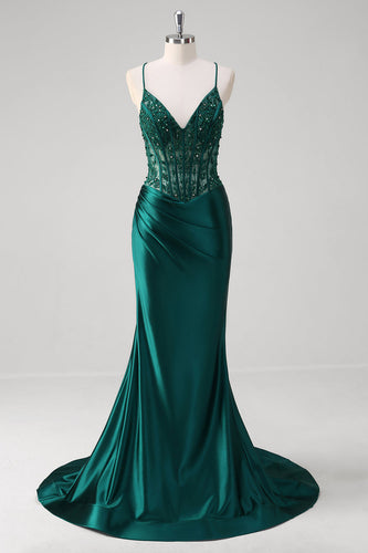 Dark Green Mermaid Pleated Sequin Corset Long Prom Dress With Lace Up Back