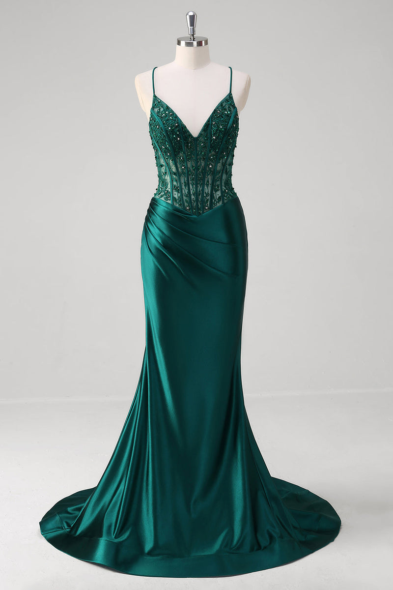 Load image into Gallery viewer, Dark Green Mermaid Pleated Sequin Corset Long Prom Dress With Lace Up Back