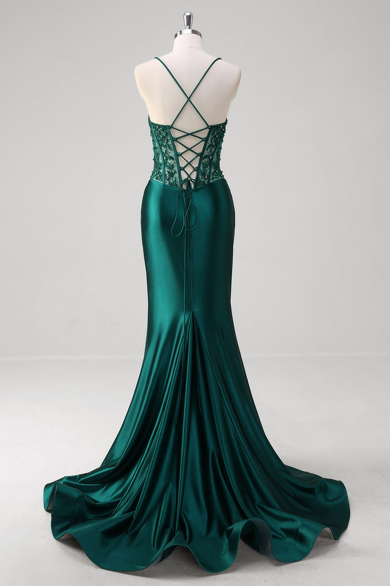 Load image into Gallery viewer, Dark Green Mermaid Pleated Sequin Corset Long Prom Dress With Lace Up Back