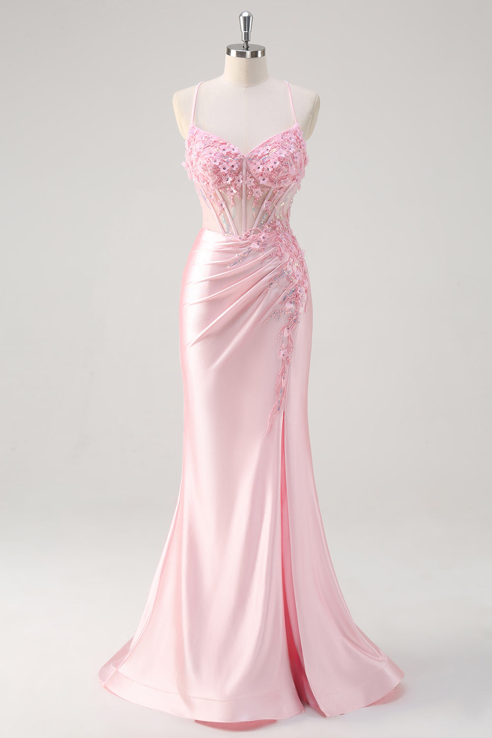 Zapaka Women Pink Corset Floral Mermaid Prom Dress with Slit Long Satin