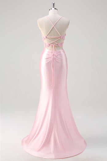 Pink Mermaid Corset Floral Prom Dress with Slit