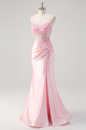 Pink Mermaid Corset Floral Prom Dress with Slit