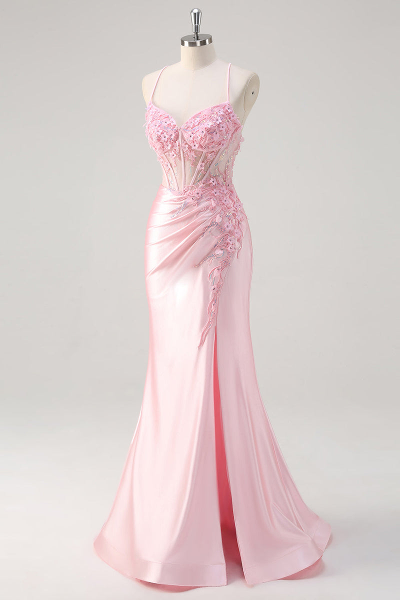 Load image into Gallery viewer, Pink Mermaid Corset Floral Prom Dress with Slit