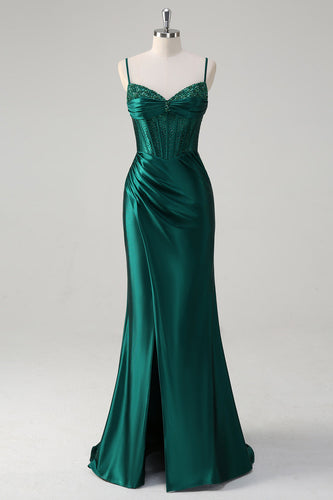 Dark Green Mermaid Corset Beaded Long Prom Dress with Slit