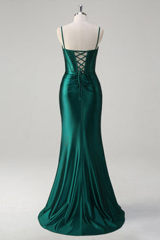 Dark Green Mermaid Corset Beaded Long Prom Dress with Slit