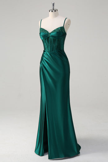 Dark Green Mermaid Corset Beaded Long Prom Dress with Slit