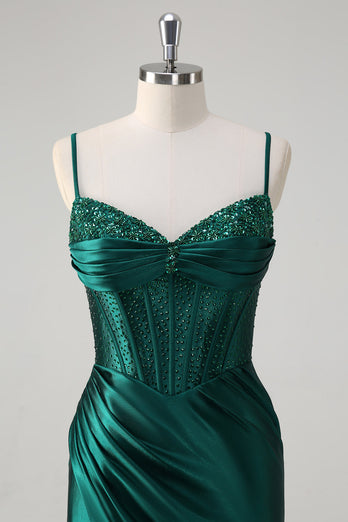 Dark Green Mermaid Corset Beaded Long Prom Dress with Slit