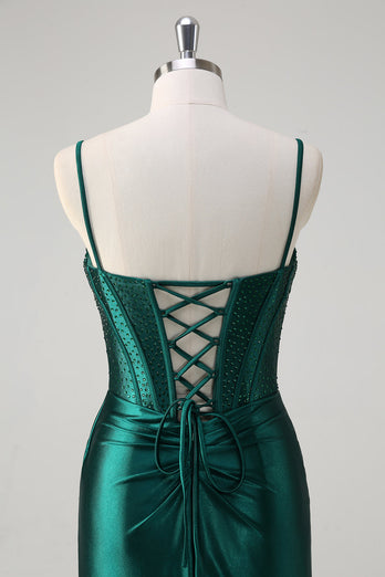 Dark Green Mermaid Corset Beaded Long Prom Dress with Slit